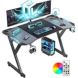 HLONONE LED Gaming Schreibtisch 120 x 60cm, Gaming Tisch mit LED, Stabiler PC Tisch mit Kohlefaserbeschichtung, Gamer Tisch m
