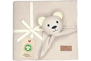 DIKOS Original Babydecke SCHMUSE-Bär (Naturbeige) – Premium 2-in-1 Neugeborenen Kuscheldecke & Schmusetuch – aus weicher gestrickter Bio-Baumwolle (GOTS/Oeko-TEX) – schönes Babygeschenk zur Geburt