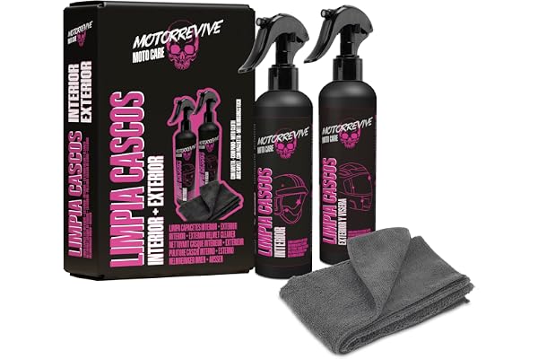 Motorrevive Pack Nettoyage de Casques de Moto 200 + 200 ml. Spray Nettoyant Intérieur + Extérieur et Visière + Chiffon en Microfibre. Hygiène Complète et Soin Professionnel pour Casque de Motocyclette