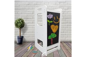 ATAA Torre de Aprendizaje Montessori de Madera Natural -Torre de Aprendizaje Parra bebé con Altura Regulable, Taburete Seguro para niños, Torre Montessori con FSC para niños con Pizarra (Blanco)