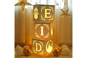 QIFU Eid Mubarak Decorations for Home - 3Pcs White Eid Box with String Lights, Eid Mubarak Boxes Printed with Eid Elements Moon and Star Decorations,Ramadan Decorations for Home Umrah Mubarak Party Bags
