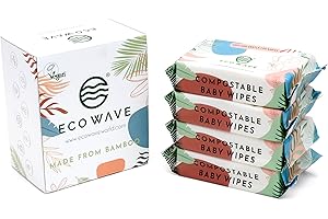 Eco Wave Baby Wipes, 100% Compostable Eco-Friendly Bamboo Wipes, Unscented, Hypoallergenic, Vegan, Alcohol-Free, Suitable For Sensitive Skin (64 Count Pack of 4)