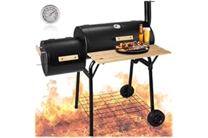 TecTake® Barbacoa de Carbón con Ahumador y Ruedas, Parrilla Acero Inoxidable, Termómetro Incorporado, Estructura Estable Móvil, BBQ Grill Exterior Grande con Tapa, Asador para Jardín, Camping