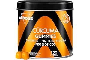 ALDOUS BIO ﻿﻿Curcuma avec Gingembre et Poivre Noir + PROBIOTIQUES - 2500mg - 120 gommes - Goût Naturel de Mangue Épicée - Antioxydant, Anti-Inflammatoire - Curcumine, Curcuma Gingembre Poivre Noir