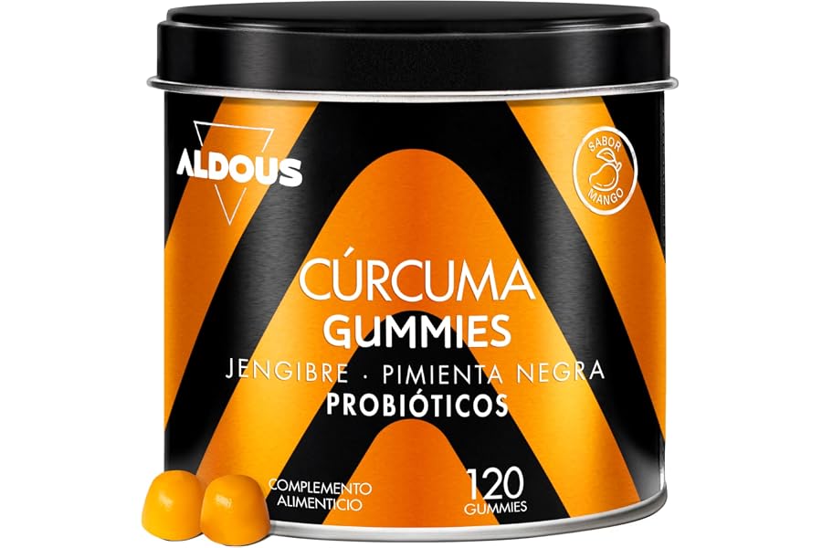 Cúrcuma con Jengibre y Pimienta Negra + PROBIÓTICOS - 2500 mg - 120 Gominolas - Sabor a Mango y Jengibre Picante - Antioxidan