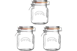 Kilner Square Clip Top Jar Set of 3, 1 Litre (1000ml) Airtight Glass Jars for Storing Coffee Beans Pickling Vegetables Chutneys Pasta Nuts BPA-Free Dishwasher Safe