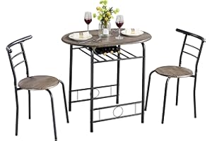Yaheetech 3 Piece Dining Table & Chairs Set, Compact Dining Room Set with Storage Shelf and Wine Rack, Modern Breakfast Bar Table Set for Kitchen/Apartments/Small Space, Drift Brown, 80x53x75.5cm