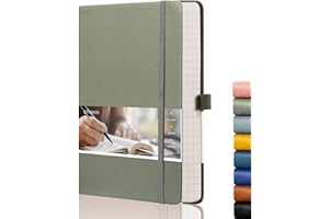 EMSHOI A5 Notebook - 21.4 x 14.5 cm Lined Journal with 256 Numbered Pages, 120gsm Thick Paper, Sticky Notes, 8 Perforated Sheets, Hardback Vegan Leather Notepad for Women Men Writing - Green