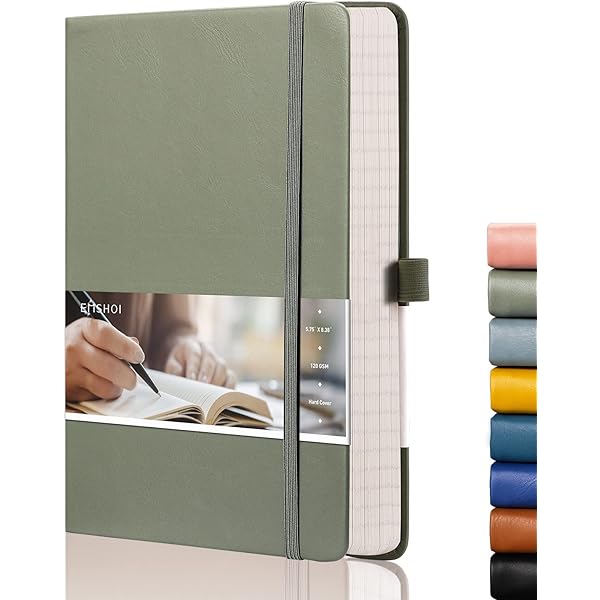 EMSHOI Cuaderno A5, Diario Rayado De 8.4 X 5.7 Pulgadas Con 256 Páginas Numeradas, Papel Grueso De 120 G/m², Notas Adhesivas, 8 Hojas Perforadas, Bloc De Notas De Cuero Vegano De Tapa