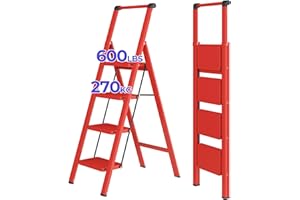 JOISCOPE 4 Step Ladder with Handrails, 600lbs Load Capacity, Lightweight Folding Step Stool for Adults, Portable Kitchen Steps Foldaway, Multifunctional Step Ladders for Home Office,Space Saving,Red