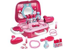 AnJeey 21 PCS Jouet Maquillage avec Mallette Sac à Bandoulière, Princesse Habiller Ensemble Jouet Cadeau Comprendre Bijoux, Sèche Cheveux, Pinceaux, Rouges à lèvres, Miroir pour Fille 3 4 5 6 Ans
