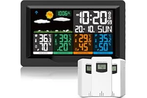 Qxmcov Station Météo sans Fil avec Capteur, Thermomètre Hygromètre Numériques Intérieure/Extérieure, Ecran LCD Couleur, Calendrier l'horloge Réveil Snooze Prévisions Température Humidité 12CM-New