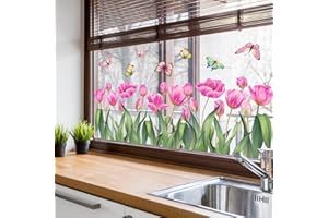 ‎WANDSTICKER4U WandSticker4U®- Fensterbilder Blumen selbstklebend TULPEN in Rosa (58 x45 cm) I Fenstersticker Frühling Pflanzen Schmetterlinge I Fensterdeko Wohnzimmer Frühlingsdeko Blumen Küche Bad