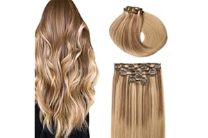 SURNEL Extensiones De Clip De Pelo Natural 120g 45cm 6 Piezas Balayage Marrón Claro a Rubio Caramelo Extensiones De Clip De Humano Real Extensiones Pelo Remy Extensiones Clip Natural(C#10/27/27-45cm)