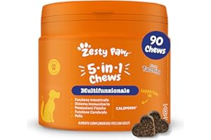 Zesty Paws Multivitaminici 5 in 1 | Integratore per Cani | Vitamine per Cani | Biotina | Intestino, Pelle, Immunità, Stress Ossidativo | Gusto Tacchino | 90 Pz