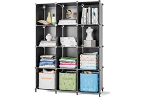 FUNLAX Cube Storage Unit 12 Cubes Stackable Storage Organiser Shoe Rack Bookcase Plastic Shelves Closet Portable Wardrobe for Bedroom Living Room Bathroom,Black