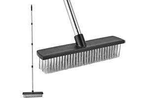 PIMEKOY 60" Stainless Steel Wire Broom Deck Scrub Brush with Long Handle, Mental Stiff Bristle Floor Scrubber for Cleaning Moss, Tough Stains on Concrete Grout Garden Garage Patio Swimming Pool