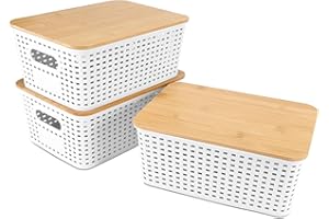 Luziyun 3 PièCes BoîTe De Rangement Avec Couvercle Bambou Panier Plastique Rangement Cuisine Boite Organisateur Rangement Avec PoignéEs Boite Rangement Pliable Blanc Pour Cuisine Salle De Bain Bureau