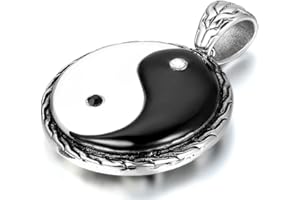 JewelryWe Pendentif Collier Homme Tai Chi Ba Gua Yin Yang Vintage Acier Inoxydable Fantaisie Couleur Blanc Noir Longueur 55cm Avec Sac Cadeau