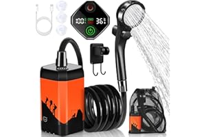 MIAOKE Upgrade przenośny prysznic kempingowy, 7800 mAh elektryczny prysznic zewnętrzny akumulator pompa z inteligentnym cyfrowym wyświetlaczem temperatury głowica prysznicowa na kemping, piesze