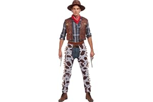 HENBRANDT Adult Men's Cowboy Fancy Dress Costume with Cowboy Hat and Chaps Stag Do Halloween Sheriff Western Dress Up Outfit One Size Mens Fancy Dress Costume