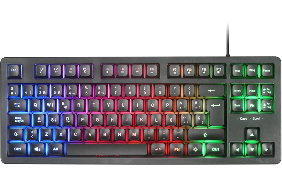 Mars Gaming MK023, Idioma Español, Teclado Gaming TKL, Tecnología Híbrida H-Mech, Iluminación FRGB Rainbow, Anti-ghosting, Co