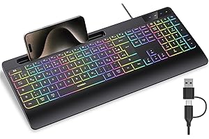 ‎SEENDA seenda KOE200 Kabelgebundene Tastatur beleuchtet, ergonomische Tastatur mit Handyhalter und Handballenauflage für PC/Tablet/Smarthandy/Windows/Mac, USB & Typ C Kabel, leise Klicken - QWERTZ Layout