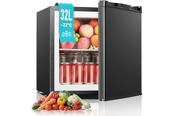 FOHERE 32L Mini Congélateur, Porte Réversible, Pieds Réglables en Hauteur, Économie d'Énergie et Silencieux, pratique dans le Bureau, l'Hôtel et la Maison, Noir