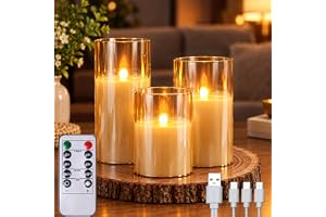 Airmsa uppsättning av 3 LED ljus uppladdningsbara glas LED-ljus med timerfunktion och fjärrkontroll, flimrande låga flamma flamlösa ljus för bröllop fester halloween jul heminredning