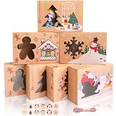 MAMUNU Pack of 12 Christmas Biscuit Boxes with Window Colorful Pattern with Sticker and Rope for Christmas Party Brownies Sweets Biscuits 22.5 x 15.5 x 7 cm