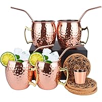 Eligara Moscow Mule Becher Kupferbecher (Premier) Gehämmert und Handgefertigt Kupfertassen mit 4 Gläsern, 4 Untersetzer…