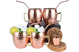 Eligara Moscow Mule Tazas Juego de 4 Taza de Cobre Puro 100% Hecha a Mano, Juego de Regalo con 1 Vaso de Chupito 4 Pajitas y 4 Posavasos (Premium - Posavasos de Corcho)