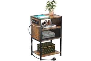 PIPIPOXER Nachttisch mit Steckdose, Nachttisch mit USB Anschlüssen und Steckdosen, Flip Top Beistelltisch Sofa Couchtisch für kleine Räume/Schlanker Beistelltisch für Wohnzimmer Schlafzimmer Büro