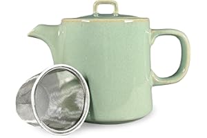 UPPER STREET Scandi Home Oslo 1L Ceramic Teapot with Stainless Steel Infuser - Sage Green Reactive Glaze Finish, Stoneware Ceramic, Loose Leaf or Teabag Brewer, Non-Drip Spout, Dishwasher Safe