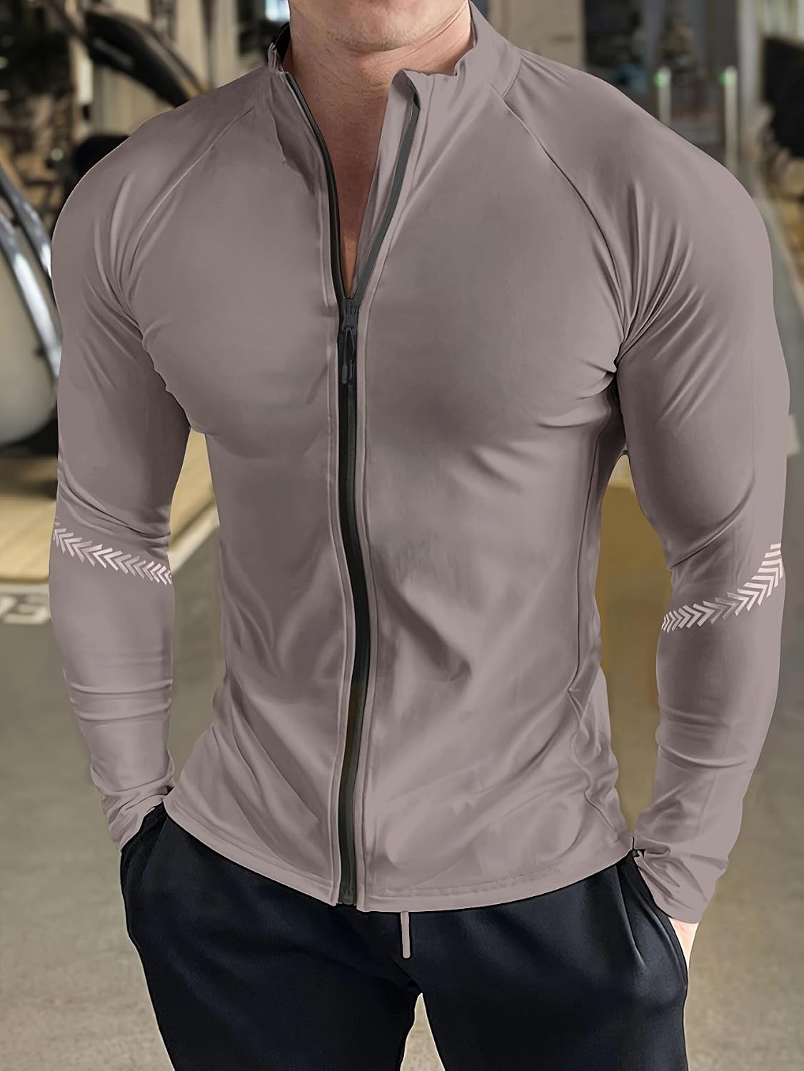 Sudadera con cremallera completa para hombre, manga larga, ligera, elástica, con estampado reflectante en los brazos, para entrenamiento