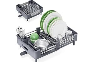 KINGRACK Dish Drainer Rack - Extendable Dish Rack, Stainless Steel Dish Drainer for Kitchen Counter, Draining Board Rack with Removable Cutlery Holder, Gray