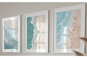 EVIEPOPS PRINTS Abstract Beach Waves Set of 3 Unframed Wall Prints, Beach Sea Sand Coastal Landscape Bathroom Wall Art, Home Décor, Watercolour Style Abstract, Ocean Gallery Wall Art (A3)