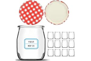 AWIKU 12 Vasos para Yogur y Postre de Cristal de 190 ml con Tapa Metálica Hermética - Perfecto para Yogur, Natillas, Pudding, Potitos - Frasco Apto para Microondas y Lavavajillas - Incluye Etiquetas(12)