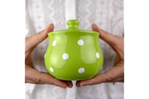 City to Cottage® Azucarera de Cerámica de Lunares Artesanal con Lengüeta Hecha y Pintada a Mano en Verde Lima y Blanco | Tarro Mermelada