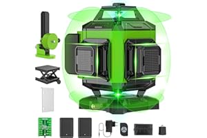 PONOSEU Nivel Laser Autonivelante 4 x 360 °, Nivel Laser Verde 16 Líneas, 2 x 360 Horizontal y 2 x 360 Líneas Láser Verticales, 2 Batería, Nivelación Automática, Soporte Giratorio, Mando a Distancia