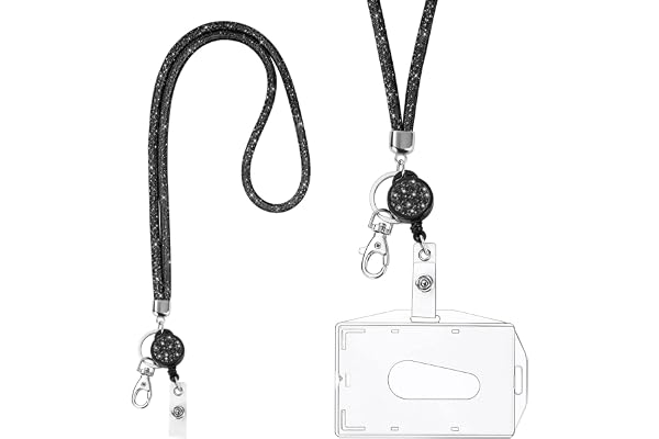 Vicloon Lanière Collier En Cristal,Porte-Clés Bling Porte-Badges Transparent avec Lanière en Cristal Rétractable Pour Cartes d'Identité,pour Carte de Visite, Carte Bus(Noir)