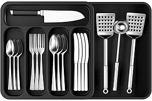 TAWDEEZ Cutlery Drawer Organiser Large,Expandable Kitchen Utensil Tray Flatware Holder and Spoons Forks,Adjustable Compact Drawers Divider for Knives Compartment Silverware Insert Plastic Storage(Black)