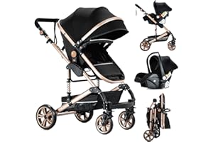 Reenborn Carrito Bebe 3 en 1, Carro Bebe con Dos Modos de Empuje Reversibles, Cochecito Bebe 3 Piezas con Marco de Aluminio, Carricoche Bebe con Diseño Plegable con Un Solo Clic (739 Black Gold)
