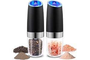 BESTORE Electric Salt and Pepper Grinder Set, Gravity Electric Pepper Grinder Battery Operated Automatic Salt Grinder with LED Blue Light Salt and Pepper Mill Set Adjustable Coarseness, 2pcs, Black