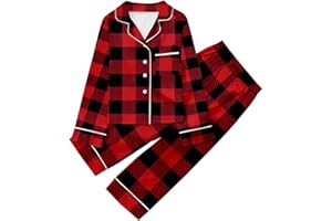 OUMSHBI Weihnachts Schlafanzug Kariert Mädchen Satin Pyjama Kinder Set Langarm Revers Pyjamaoberteil mit Knöpfe Und Lange Hose Schlafanzüge 2-Teilig Bequem Weiche Weihnachts-Pyjama-Set Loungewear Pjs