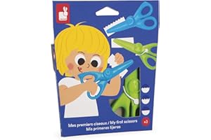 Janod - Set de 3 Paires de Ciseaux avec 3 Formes de Découpe - Bouts Ronds Sécurisés - Lames Plastique - Idéal activité manuelle - Pour Enfants Dès 3 Ans - J07405