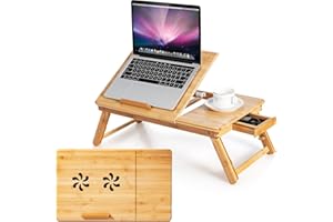 COSTWAY Table de Lit Pliable 53 x 33 cm, Plateau de Lit en Bambou avec Pieds Réglables et Plateau Inclinable, Support d'Ordinateur Portable avec Tiroir et Trous d'Aération (Naturel)