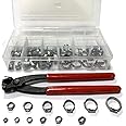 Leberna 115 Pcs 304 Stainless Steel Stepless Single Ear 7-29mm Hose Clamps with Pincers Crimper Tool Kit | Securing Pipe Hoses Automotive | Cinch Rings Pinch Clamp, Crimp Clamp Assortment PEX Crimping