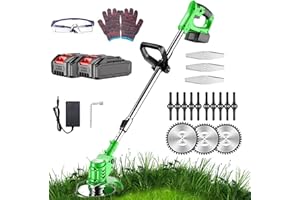 MYJHUIY 24V Cordless Grass Strimmer, Electric with Blade Grass Trimmer, 2 * 1500mAh Batteries Garden Trimmer, Light Weight/Quick Charging/ 3 Types Blades,Height Adjustable Grass Trimmer（Green）