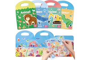 OWill Lot de 4 livres d'autocollants réutilisables,gommettes autocollantes pour enfants de 2 3 4 ans,garçons et filles,livre autocollant sur l'océan,les dinosaures,les animaux de la véhicules